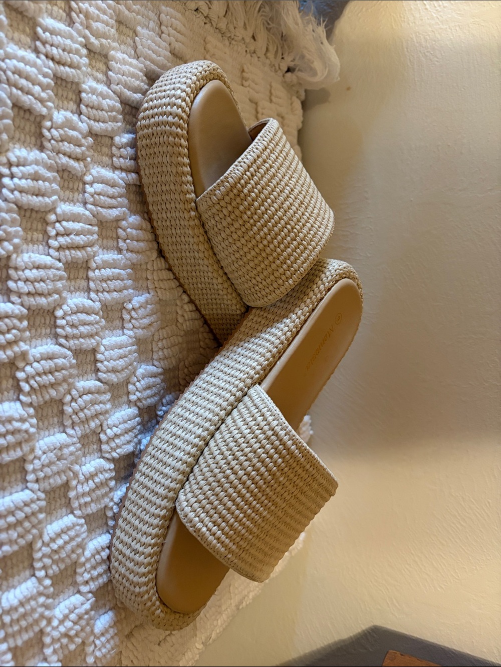Neutral Woven Platform Slide Mules in Beige - Women's Summer Slip-Ons